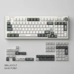 Detailed view of a Save Point Cherry Keycap Set, highlighting the durable, vibrant pixel art from various angles.