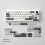 Save Point Cherry Keycap Set displayed from various artistic angles, highlighting durable PBT material and vibrant vintage computing aethetics.