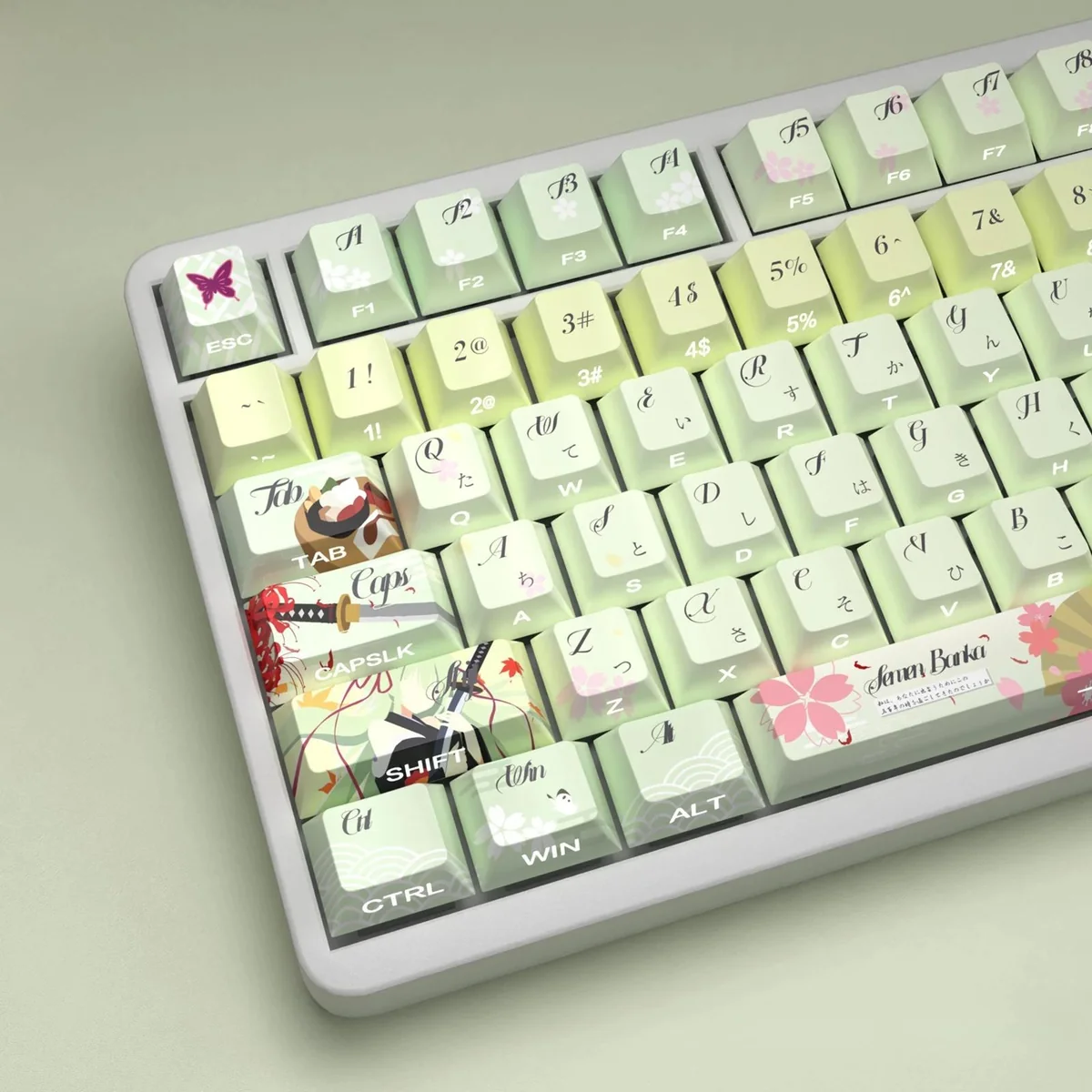 Exclusive Senren Banka Murasame PBT Dye-Sub Keycaps. Various angles show vibrant anime art, legends, and elegant Cherry profile.