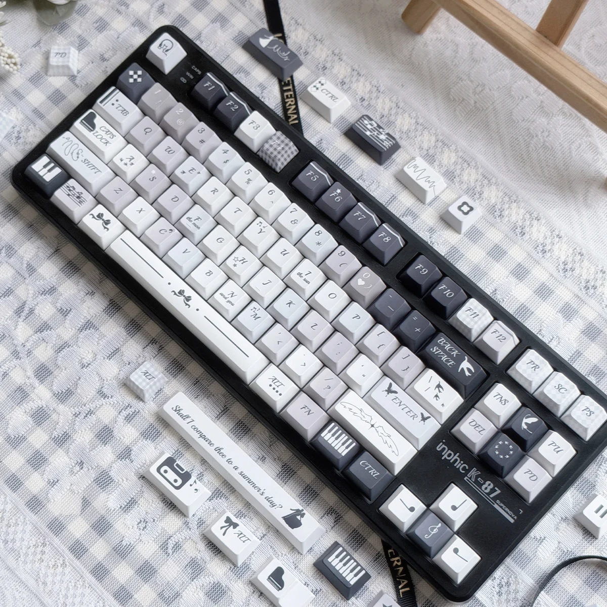 Serenade PBT Keycaps gallery: durable PBT, crisp five-sided dye-sublimation, and Cherry profile shown from multiple angles. Tranquil, melodic aesthetic.