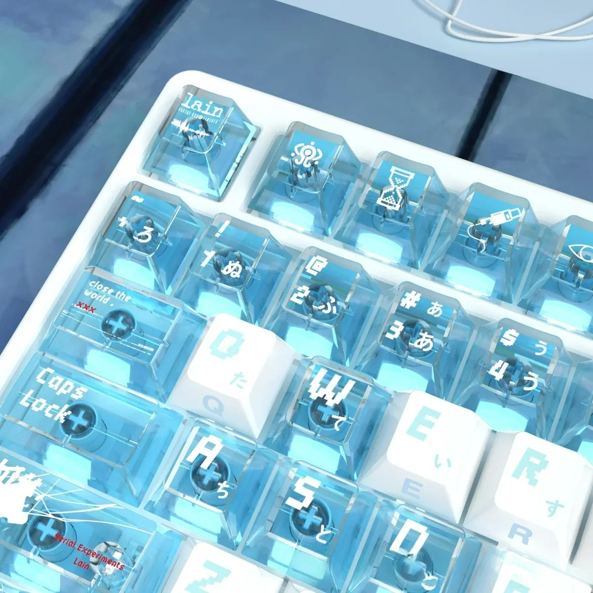 Iconic Serial Experiments Lain backlit PBT keycaps set, displaying cyberpunk anime character art, digital motifs, and glowing translucent legends.
