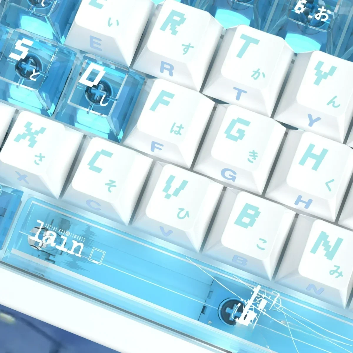 Detail of iconic Serial Experiments Lain backlit PBT keycaps set, showcasing cyberpunk anime character art and glowing translucent legends.