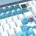 Detailed shot of iconic Serial Experiments Lain backlit PBT keycaps set, emphasizing the vibrant character art and translucent legends with a premium design.