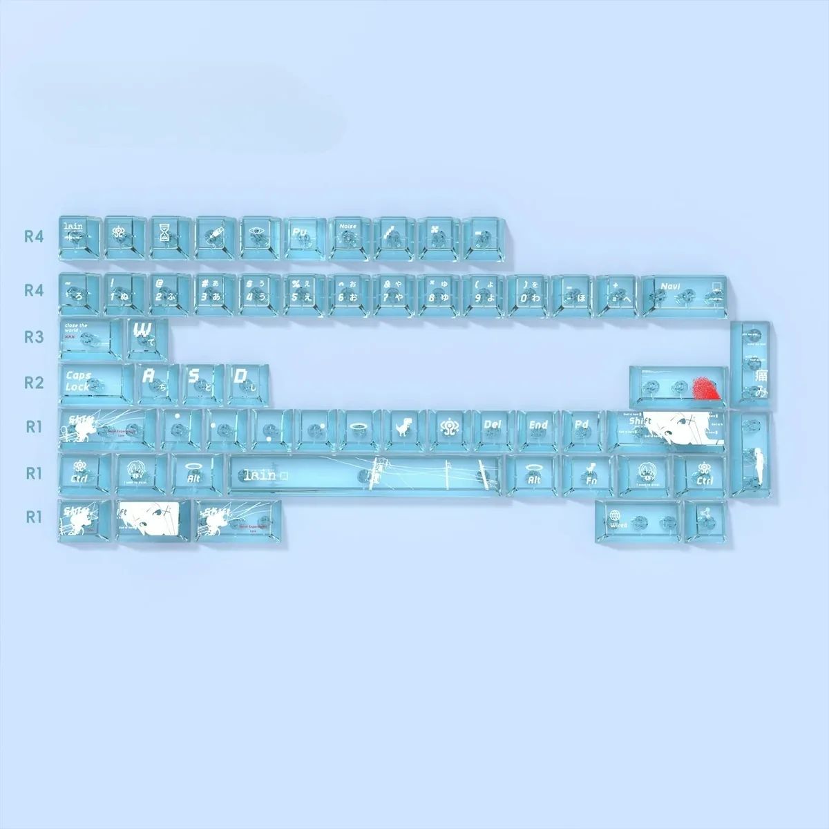 Iconic Serial Experiments Lain backlit PBT keycaps set, showcasing intricate character art, glowing translucent legends, and a dark cyberpunk aesthetic.