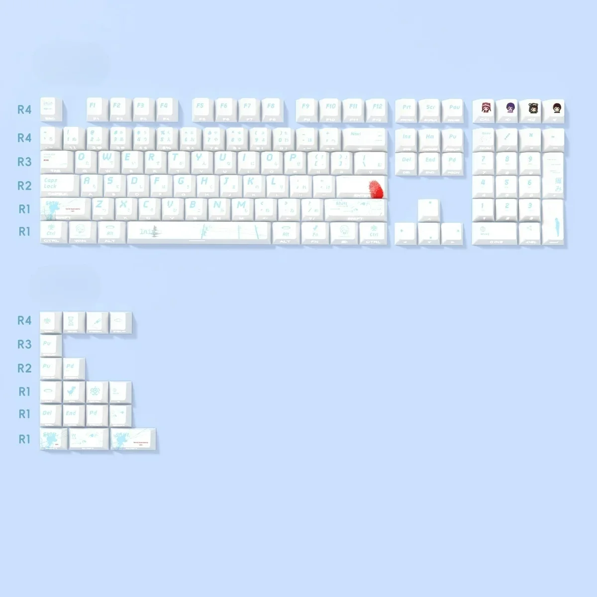Close-up of Serial Experiments Lain backlit PBT keycaps set, revealing intricate digital motifs and character art with translucent legends.