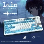 Close-up of iconic Serial Experiments Lain backlit PBT keycaps set, featuring vibrant cyberpunk anime art and glowing translucent legends on a premium design.