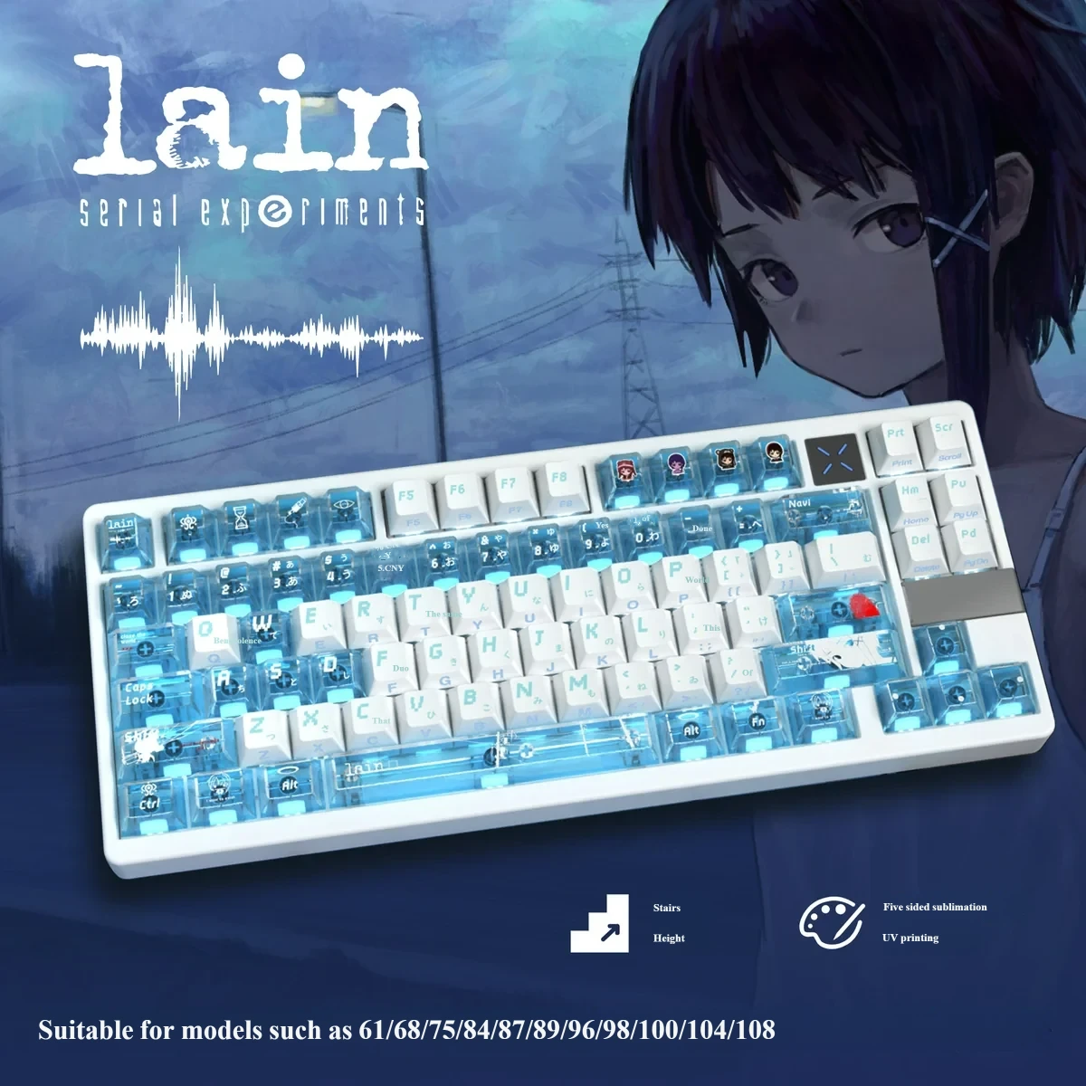 Close-up of iconic Serial Experiments Lain backlit PBT keycaps set, featuring vibrant cyberpunk anime art and glowing translucent legends on a premium design.