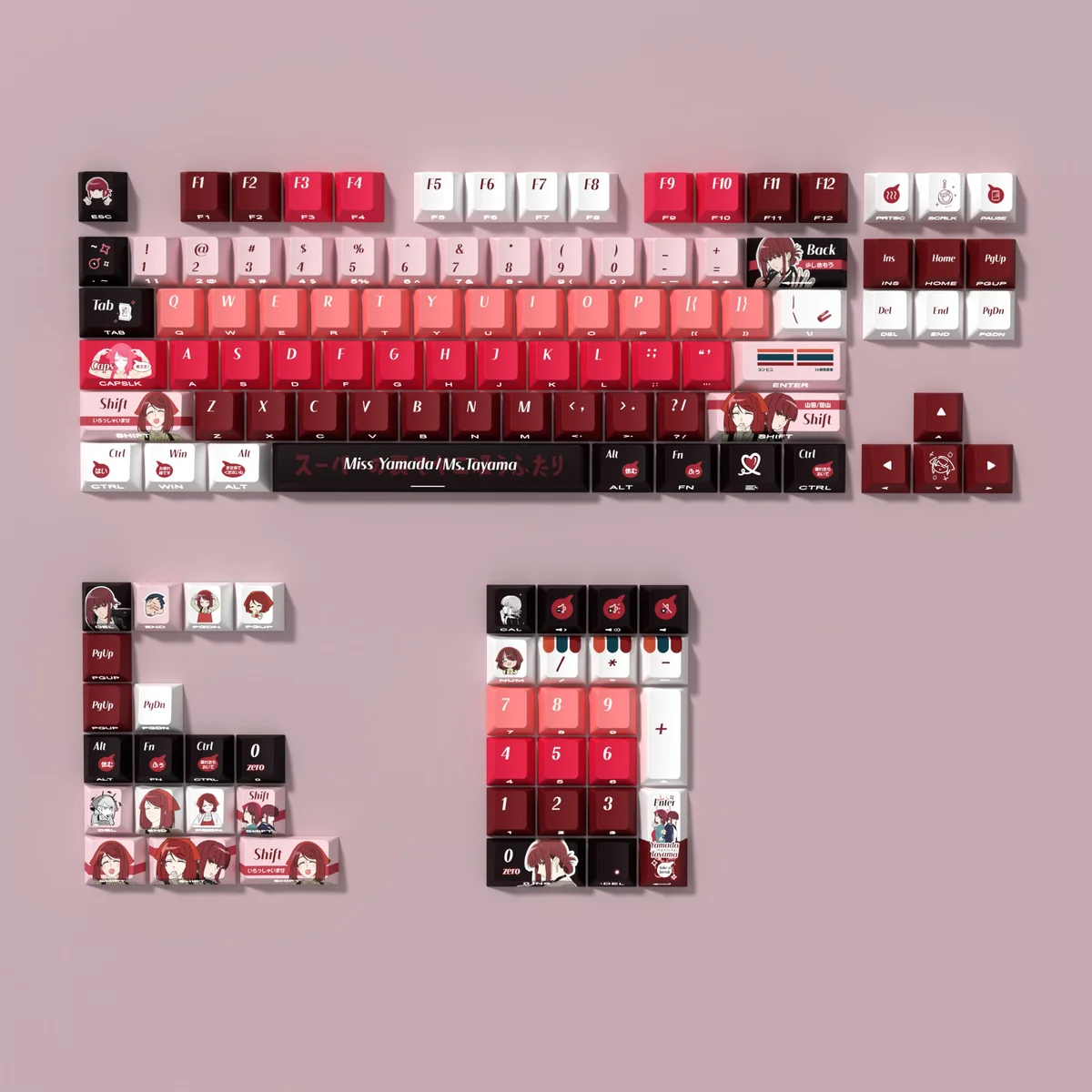 Yamada/Tayama Nostalgia side-print PBT keycaps set, showing crisp translucent dye-sub legends glowing with RGB, embodying an understated urban art.