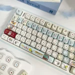 Whimsical Snoopy PBT MOA keycap set, showcasing various Peanuts characters in vibrant dye-sub designs from multiple angles, perfect for nostalgic design.