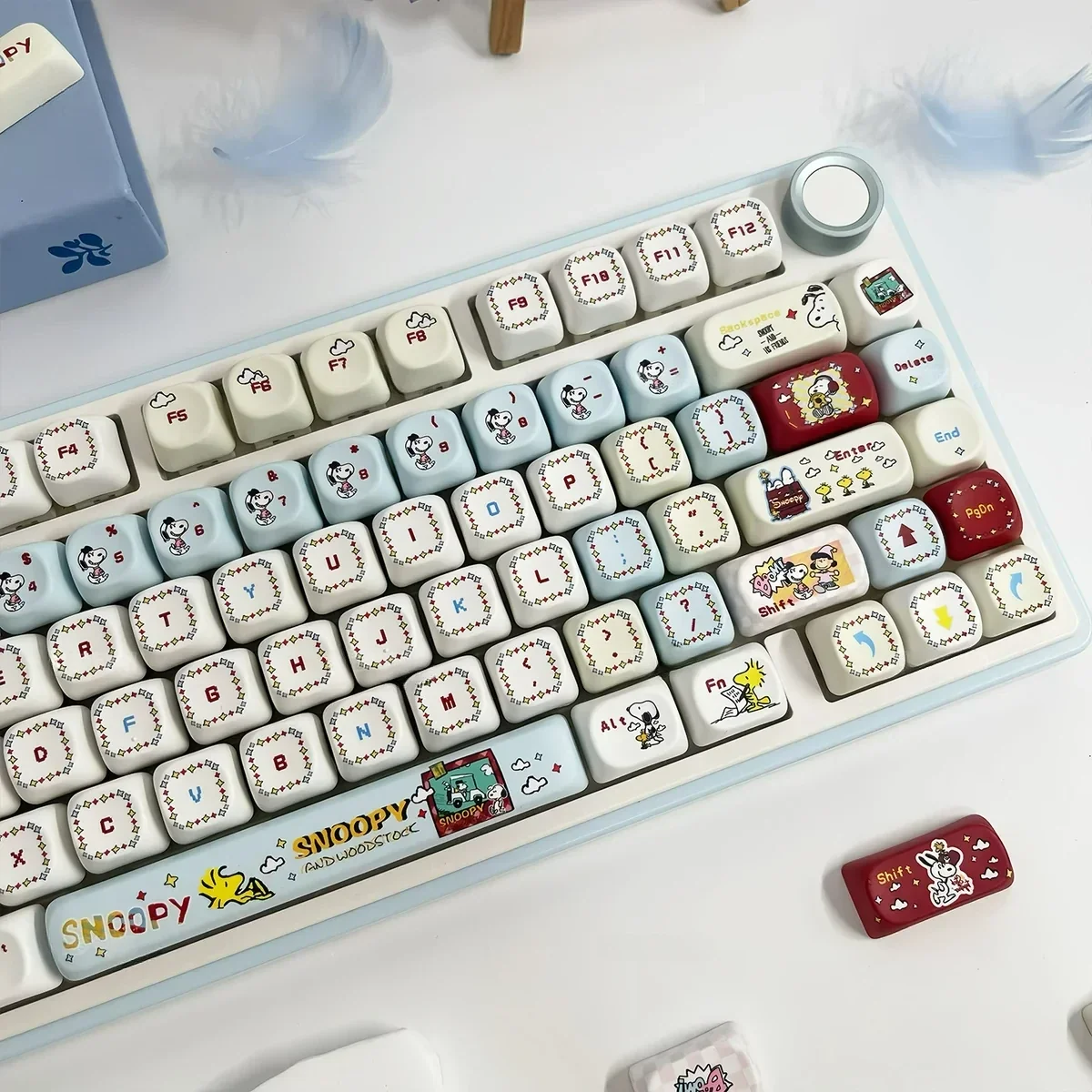 Detailed side view of the exclusive Snoopy PBT MOA keycap set, revealing vibrant dye-sub Peanuts art on each playful PBT keycap, evoking nostalgia.