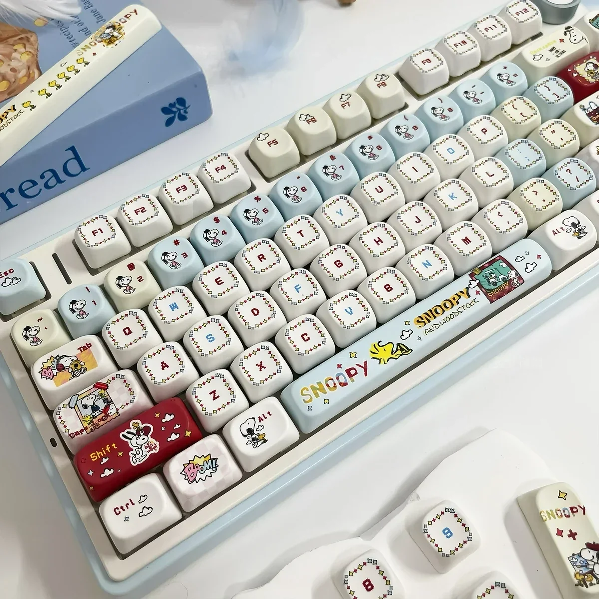 Whimsical Snoopy PBT MOA keycap set, showcasing vibrant dye-sub Peanuts characters from a unique angle. Details the exclusive Snoopy keycaps for nostalgic touch.