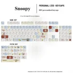 A vibrant display of the exclusive Whimsical Snoopy PBT MOA keycap set, showcasing charming dye-sub Peanuts characters across various keys, perfect for fans.
