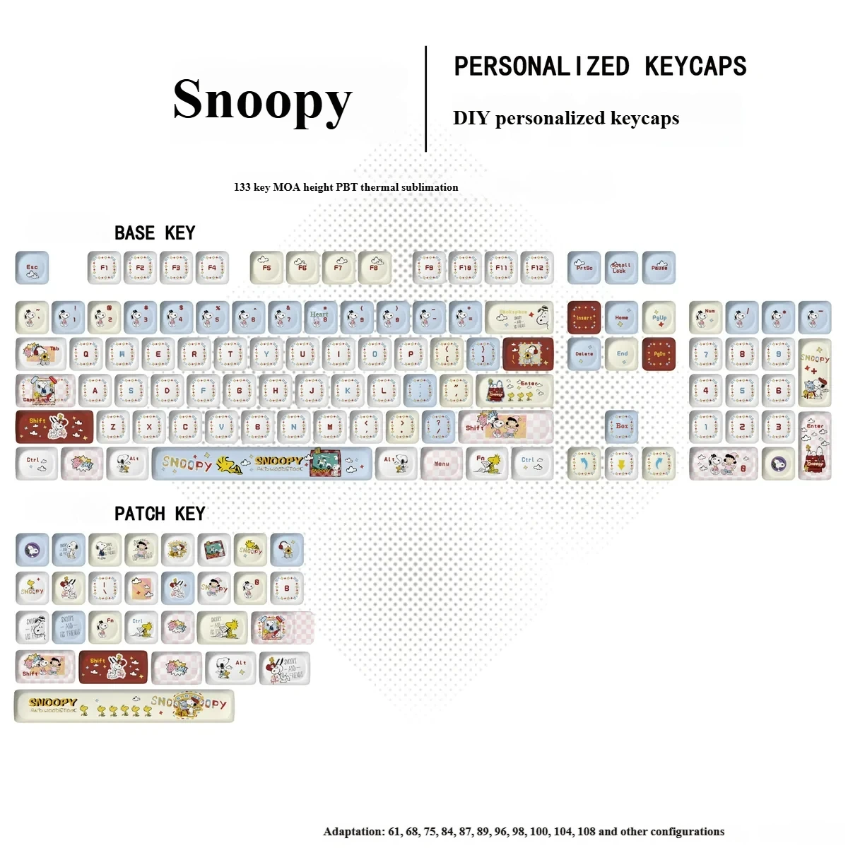 A vibrant display of the exclusive Whimsical Snoopy PBT MOA keycap set, showcasing charming dye-sub Peanuts characters across various keys, perfect for fans.