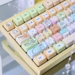 Adorable Sumikko Gurashi cat PBT keycap, showcasing its vibrant dye-sub character design and durable quality from a playful, detailed angle.