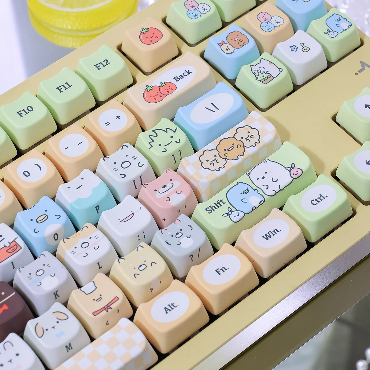 Detailed view of the adorable Sumikko Gurashi cat PBT keycap, showcasing its vibrant dye-sub colors and charming character design from a new perspective.