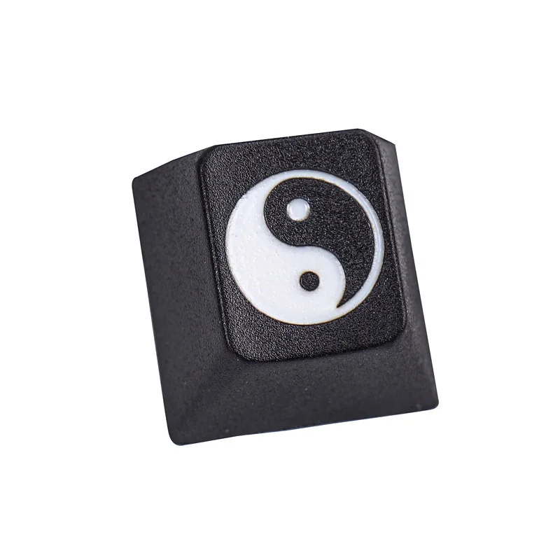 Deep laser-engraved Taiji PBT keycap. Artistic views from multiple angles showcase its harmonious Yin Yang design and durable PBT elegance.