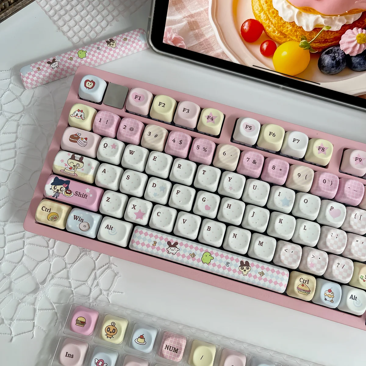 Nostalgic Tamagotchi PBT Keycap Set, MOA profile. Vibrant, playful pixelated dye-sub legends beautifully capture retro-tech appeal.