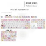 Nostalgic Tamagotchi PBT dye-sub keycaps set, featuring vibrant pixelated retro-tech character designs from various angles, perfect for fans.