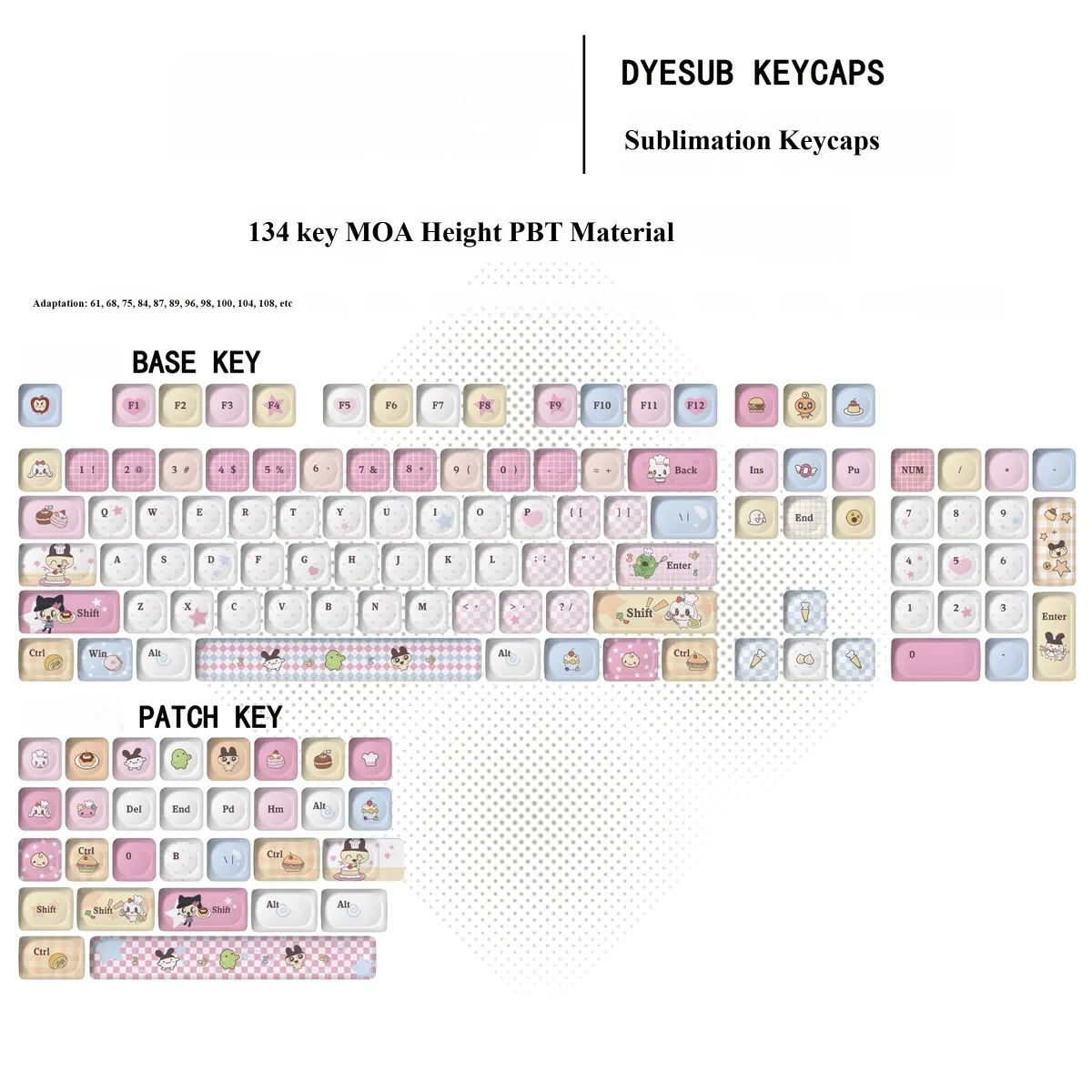 Nostalgic Tamagotchi PBT dye-sub keycaps set, featuring vibrant pixelated retro-tech character designs from various angles, perfect for fans.