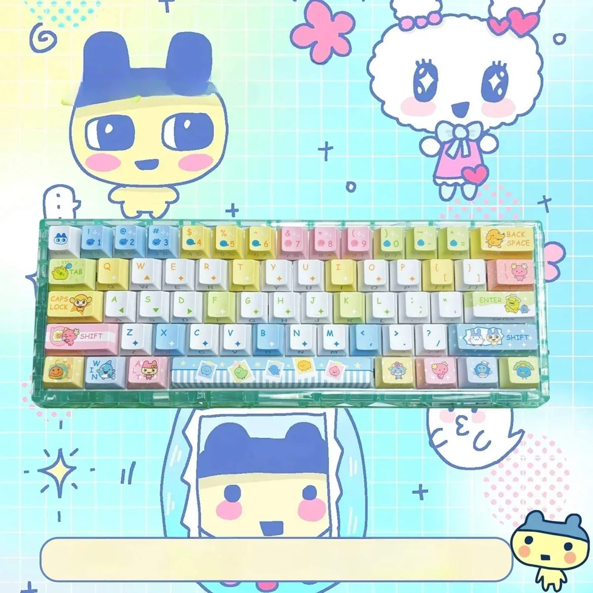 Vibrant, pixelated Tamagotchi Keycaps: an exclusive PBT set featuring nostalgic digital pet designs for a cheerful, retro desk aesthetic.