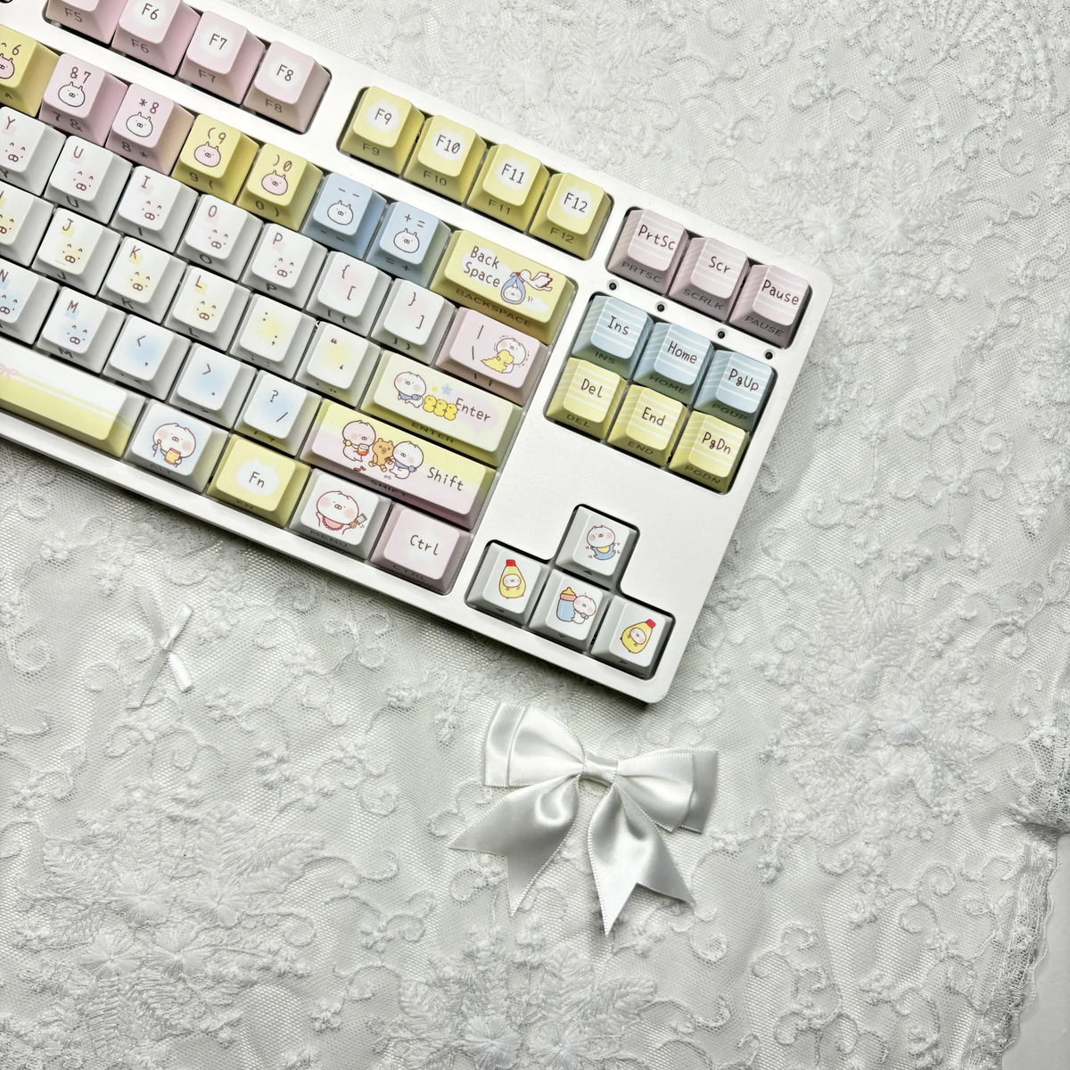 Close-up view of the delightful USAMARU keycap set, showcasing various adorable rabbit designs and the durable dye-sub PBT legends from multiple angles.