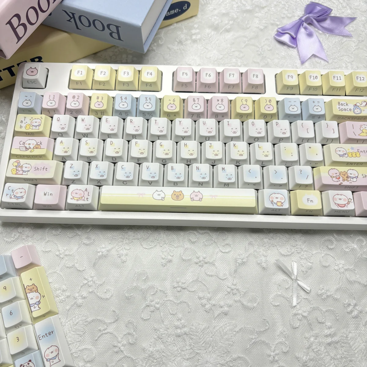 Adorable USAMARU keycap set, durable dye-sub PBT, displayed from various angles, highlighting charming rabbit designs and soft, whimsical colors.