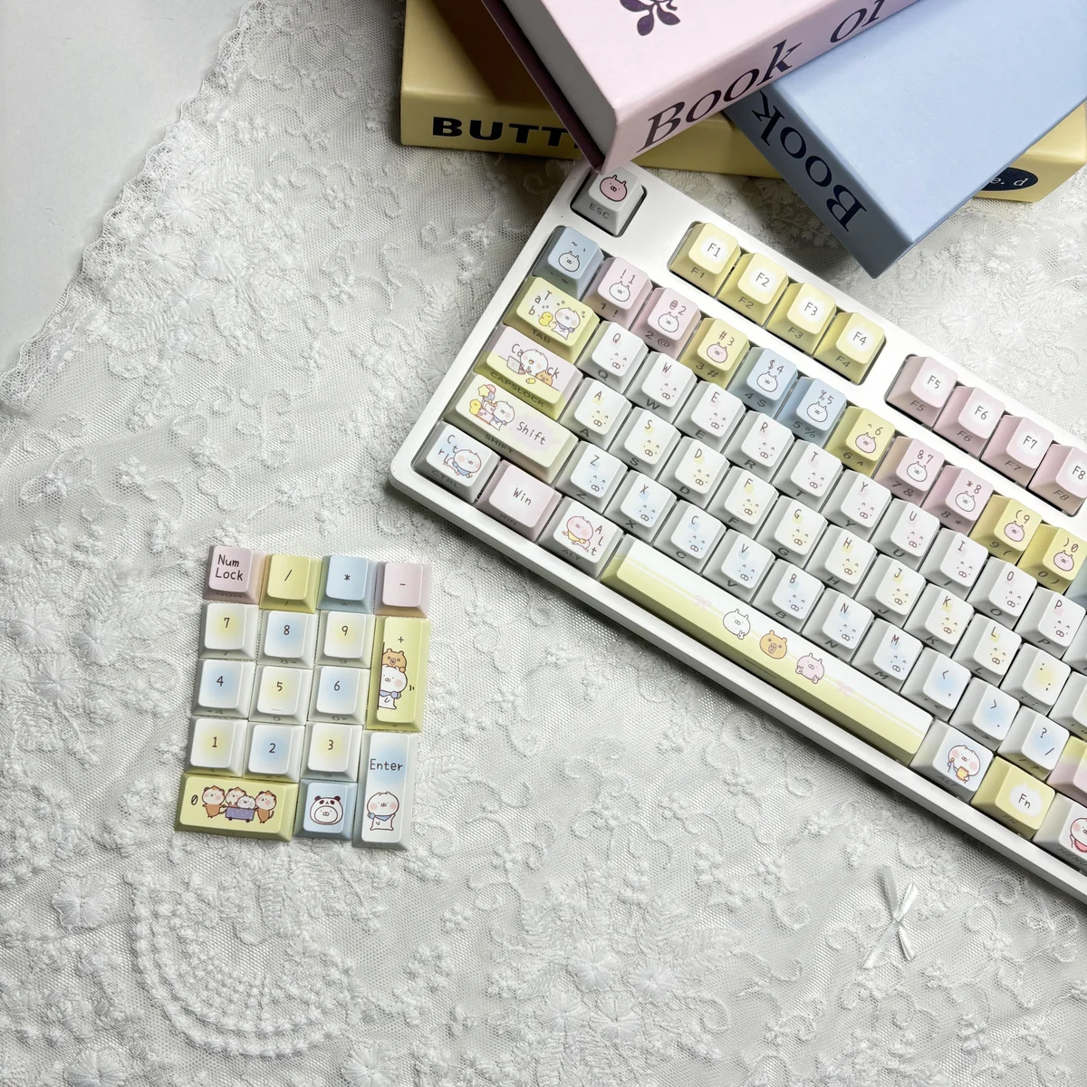 A delightful USAMARU keycap set made from durable dye-sub PBT, showcasing adorable rabbit characters from multiple angles with a soft, whimsical color.
