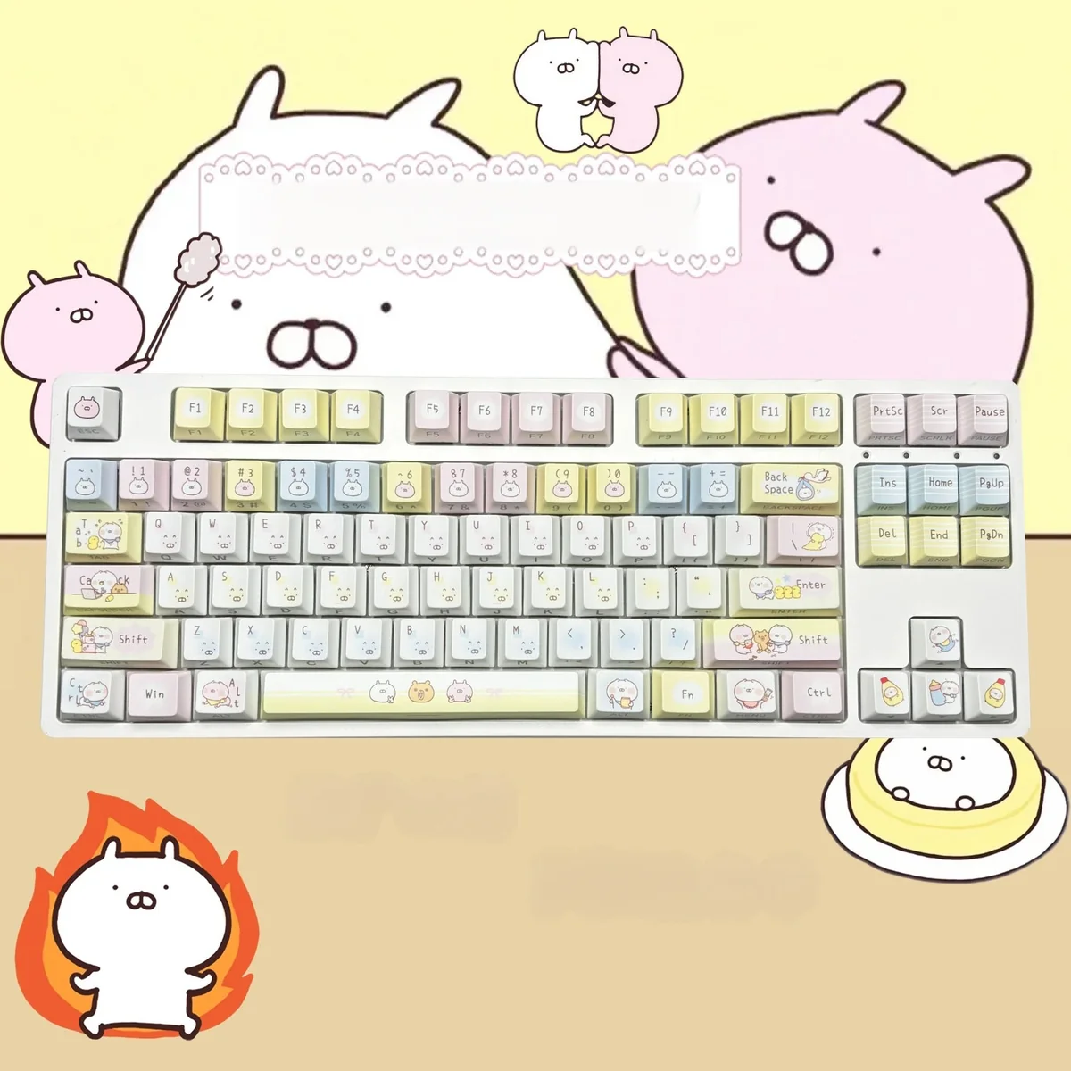 Delightful USAMARU Keycap Set showcasing charming, adorable rabbit characters. Durable dye-sub PBT legends in soft pastels for a whimsical, clean aesthetic.