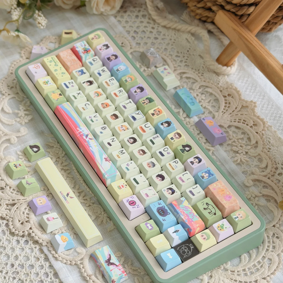 Pastel Color Valorant Cherry Keycap Set, showing vibrant ability and weapon designs from playful angles, enhancing gaming immersion.