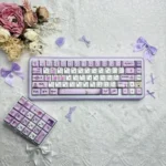 Official Violet Evergarden PBT keycaps. Multiple angles showcase elegant violet and blue typewriter motifs, reflecting the anime's nostalgic.