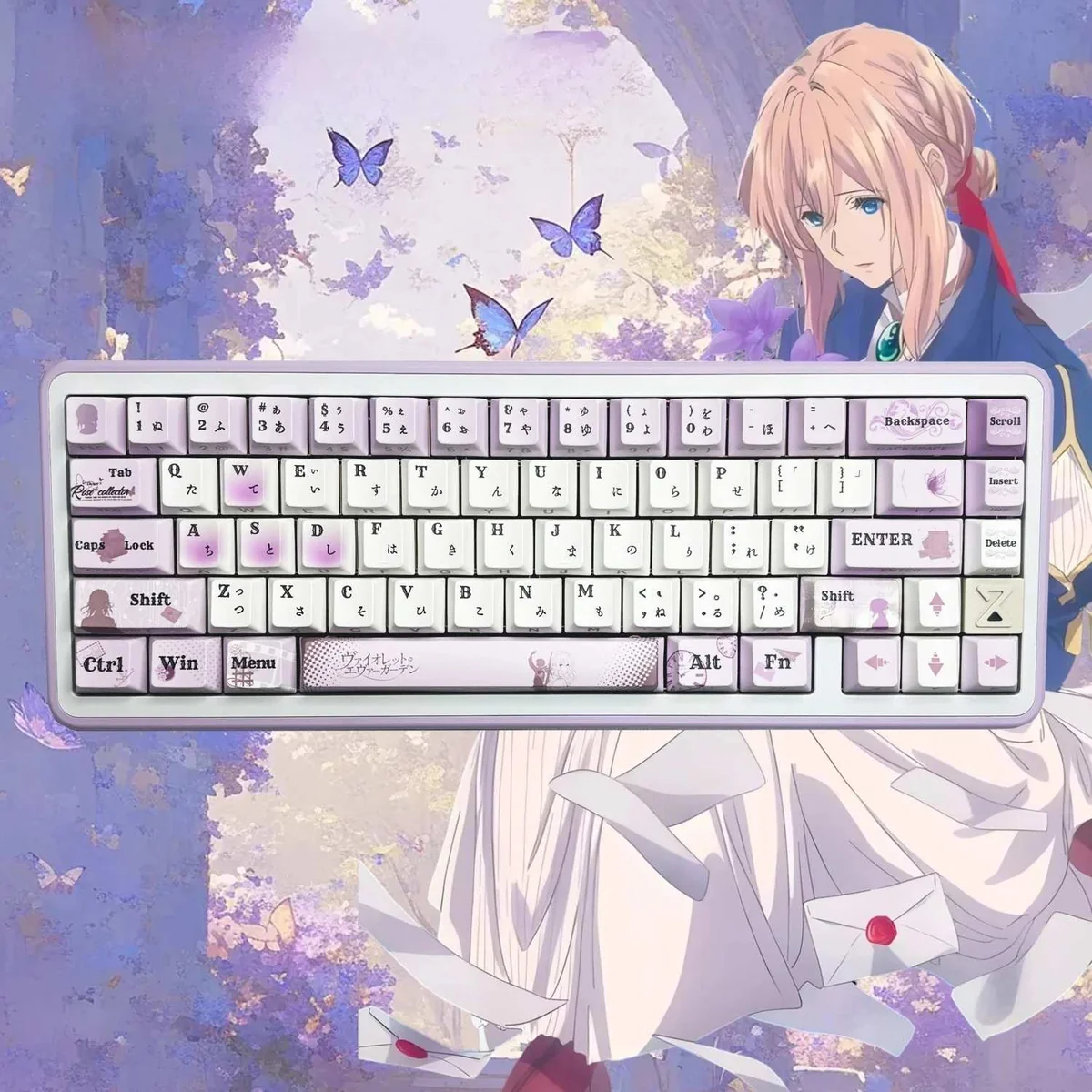 Official Violet Evergarden PBT keycaps, featuring elegant violet and blue keys with nostalgic typewriter motifs, perfect for fans seeking art.