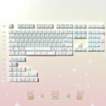 Charming Wildflower Bear PBT Dye-Sub Keycaps set on a keyboard. Whimsical bears and vibrant pastel wildflowers create an artistic, unique aesthetic.