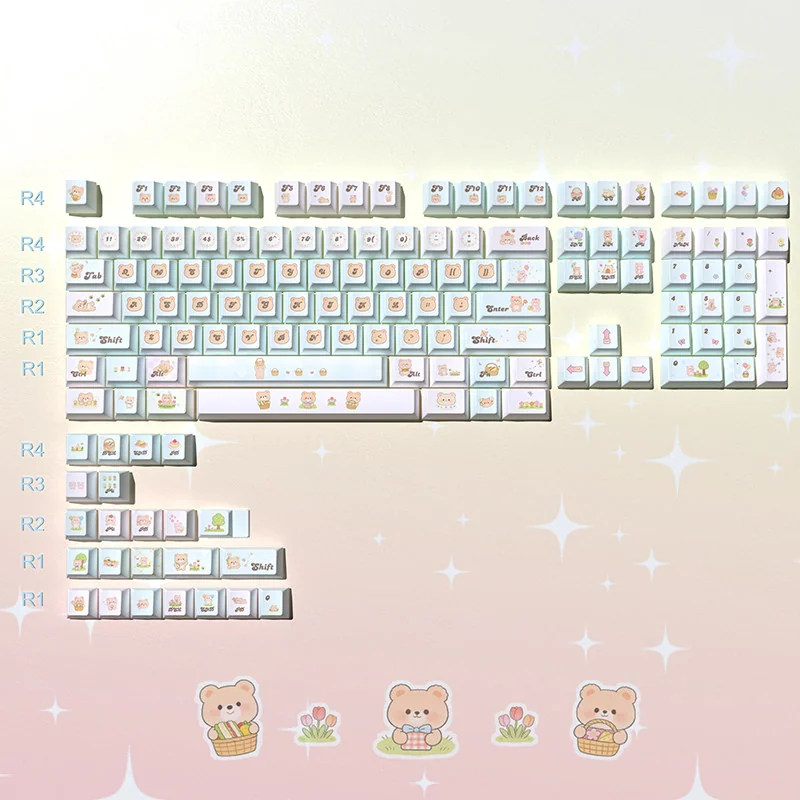 Charming Wildflower Bear PBT Dye-Sub Keycaps set on a keyboard. Whimsical bears and vibrant pastel wildflowers create an artistic, unique aesthetic.