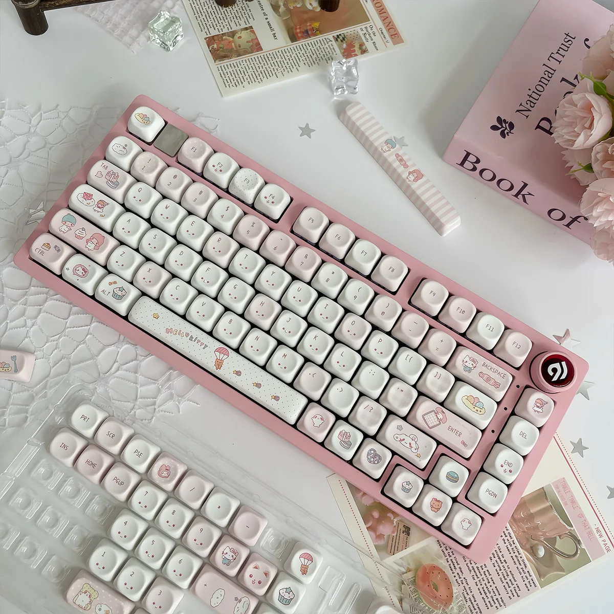 Whimsical Wishing Bottle Pink MOA Keycap Set from diverse angles, with adorable wishing bottle motifs and dreamy pink hues for a playful keyboard.