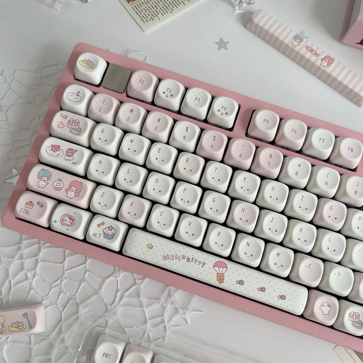 A whimsical wishing bottle pink MOA keycap set displayed from various angles, highlighting its enchanting design and adorable pink hues.