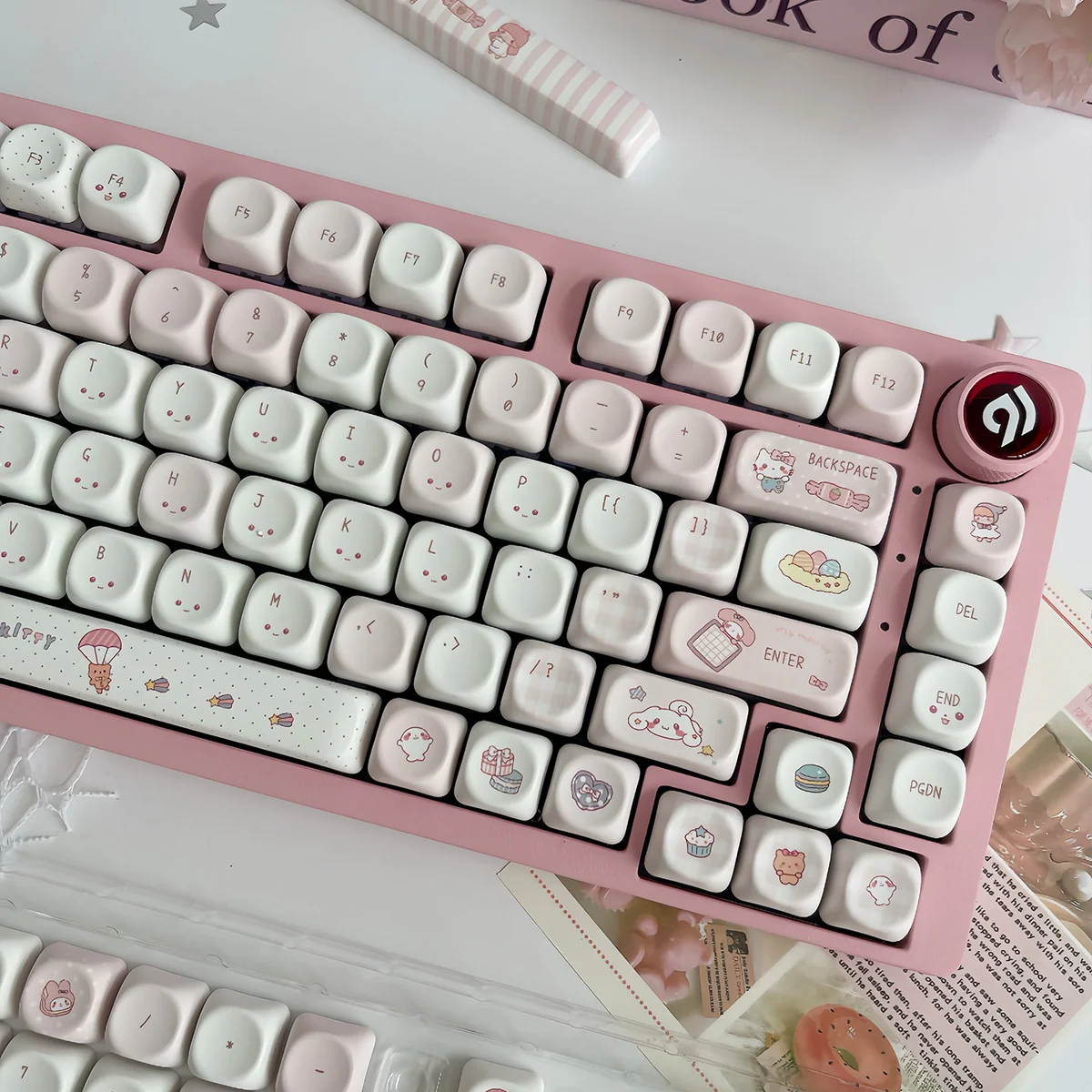 An adorable view of the whimsical wishing bottle pink MOA keycap set, showcasing enchanting pink hues and delicate wishing bottle motifs from a fresh.