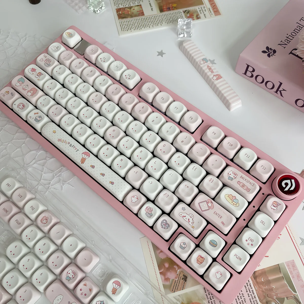 A delightful collection of Whimsical Wishing Bottle Pink MOA Keycaps, viewed from various angles, highlights their enchanting pink hues and adorable.