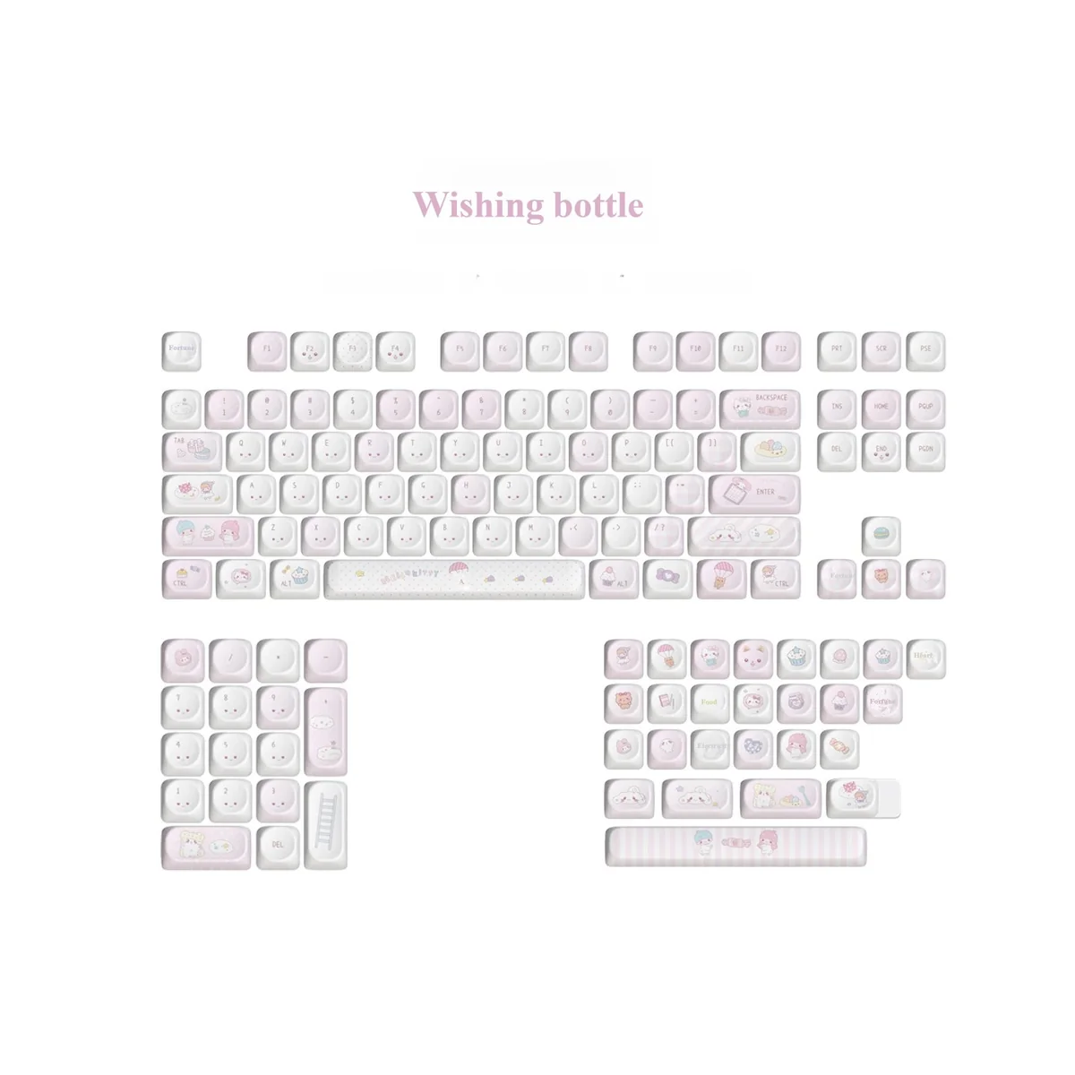 Whimsical Wishing Bottle Pink MOA Keycap Set, multiple angles revealing adorable wishing bottle designs and enchanting pink hues. Dreamy and playful.