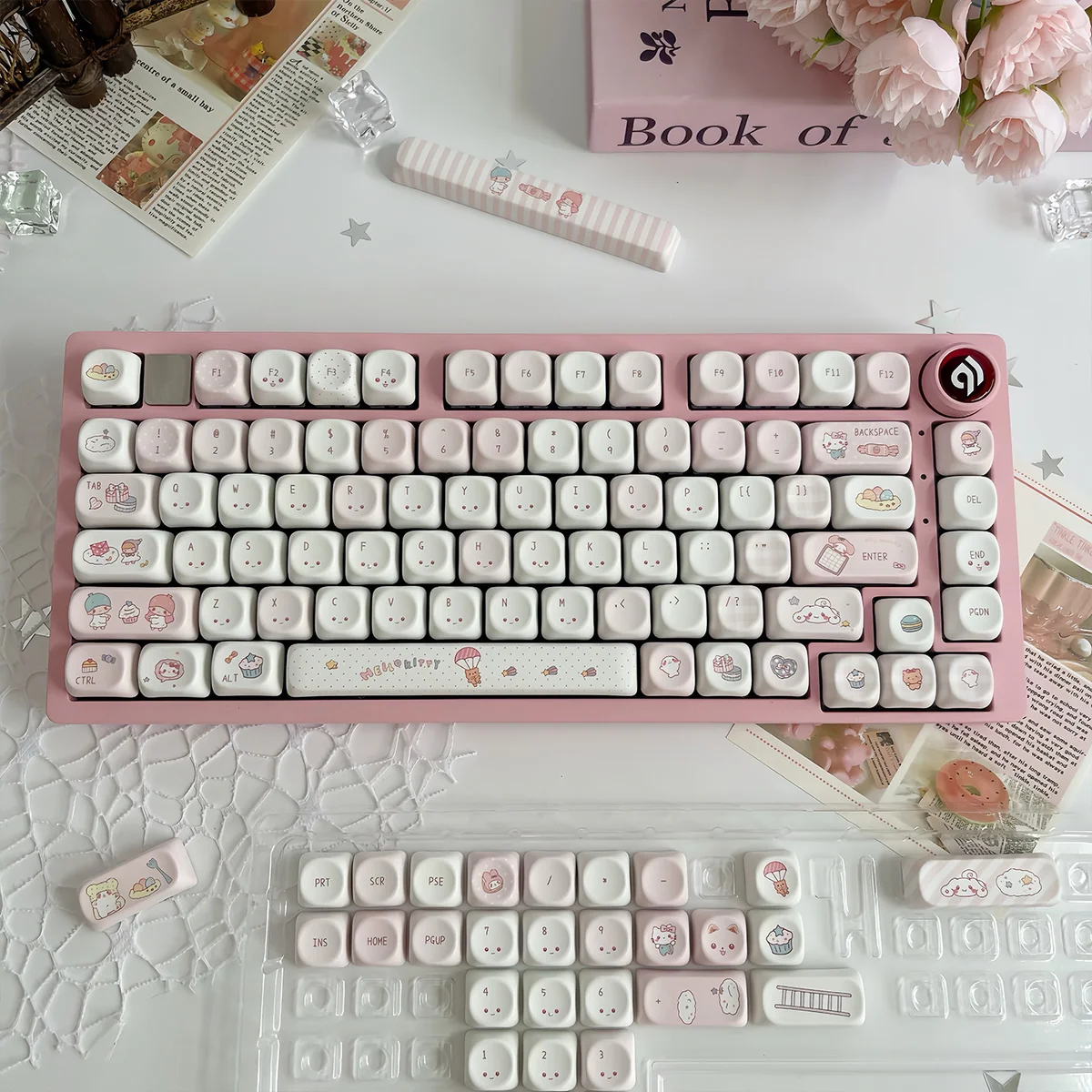 Close-up of the enchanting Whimsical Wishing Bottle Pink MOA Keycap Set, showcasing adorable pink hues and magical wishing bottle designs.