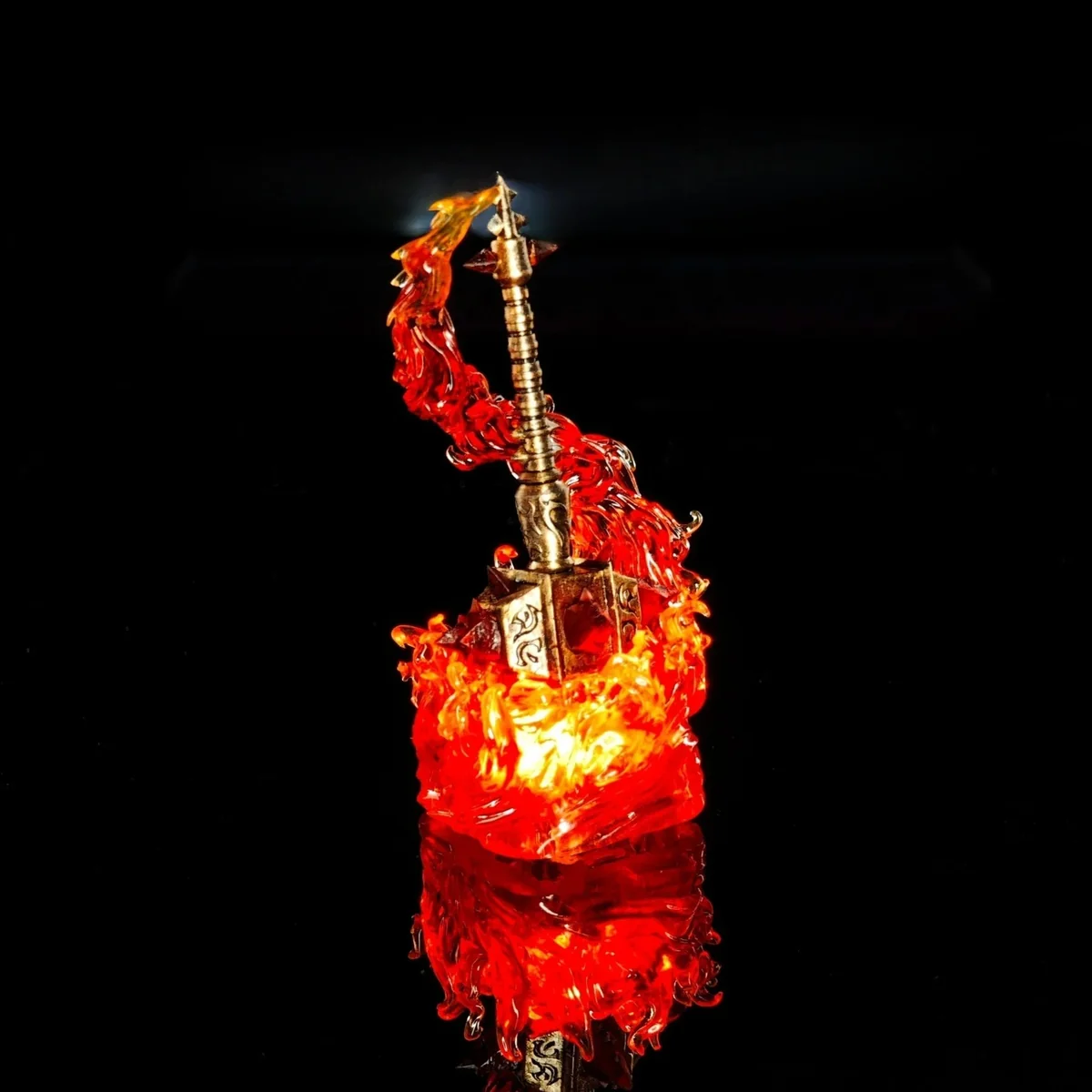 Multiple angles of the majestic World of Warcraft Sulfuras, Hand of Ragnaros Keycap, a premium artisan replica of Ragnaros's iconic weapon, showcasing its fiery resin and metallic design.