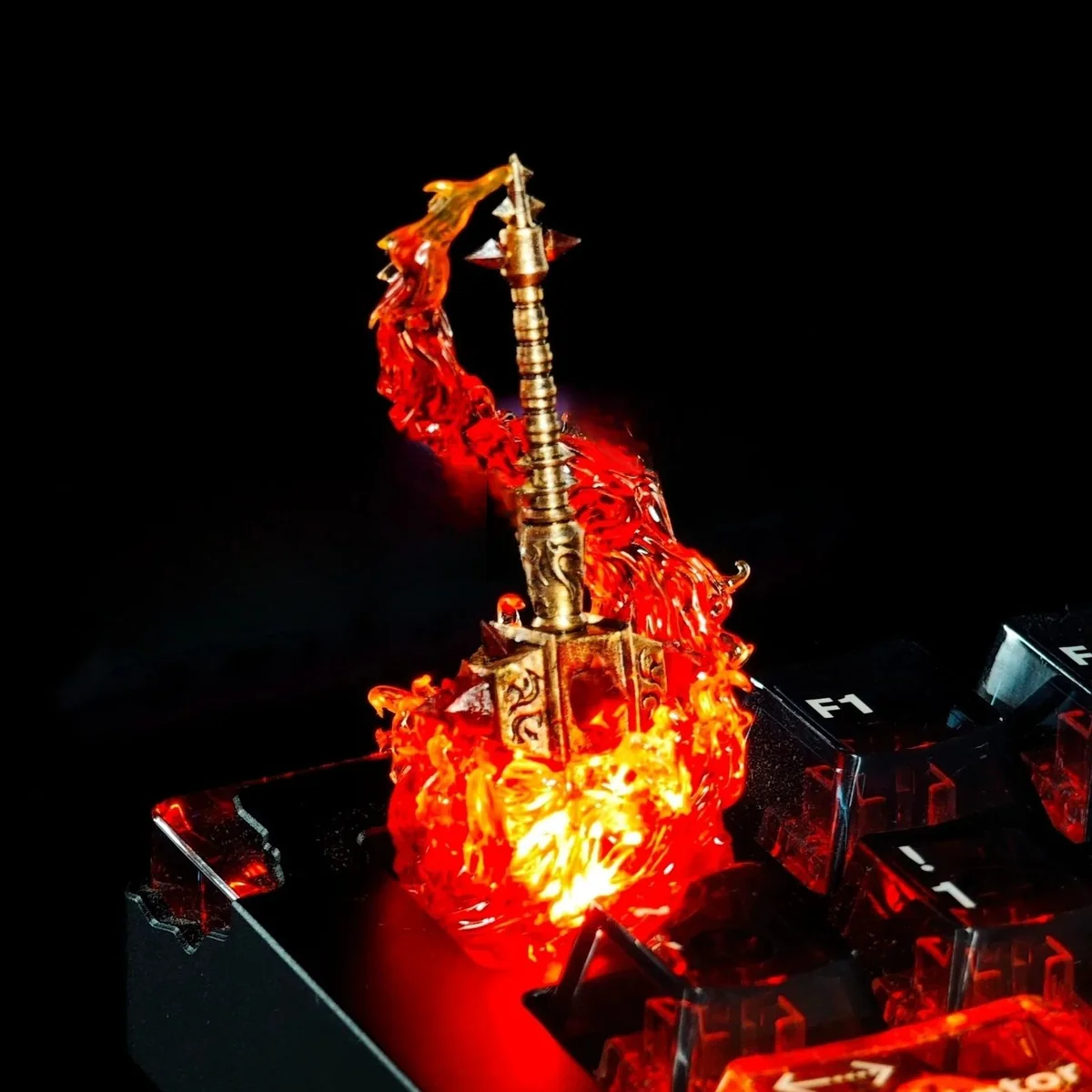 Majestic 3D World of Warcraft Sulfuras, Hand of Ragnaros Keycap: an iconic artisan replica of Ragnaros' fiery weapon, crafted with premium metal and vibrant resin.