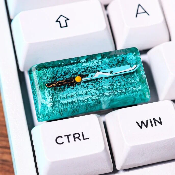 Close-up of a handcrafted The Legend of Zelda: Guardian Sword Transparent Keycap, showcasing its intricate 3D sculpted design from multiple enchanting angles.