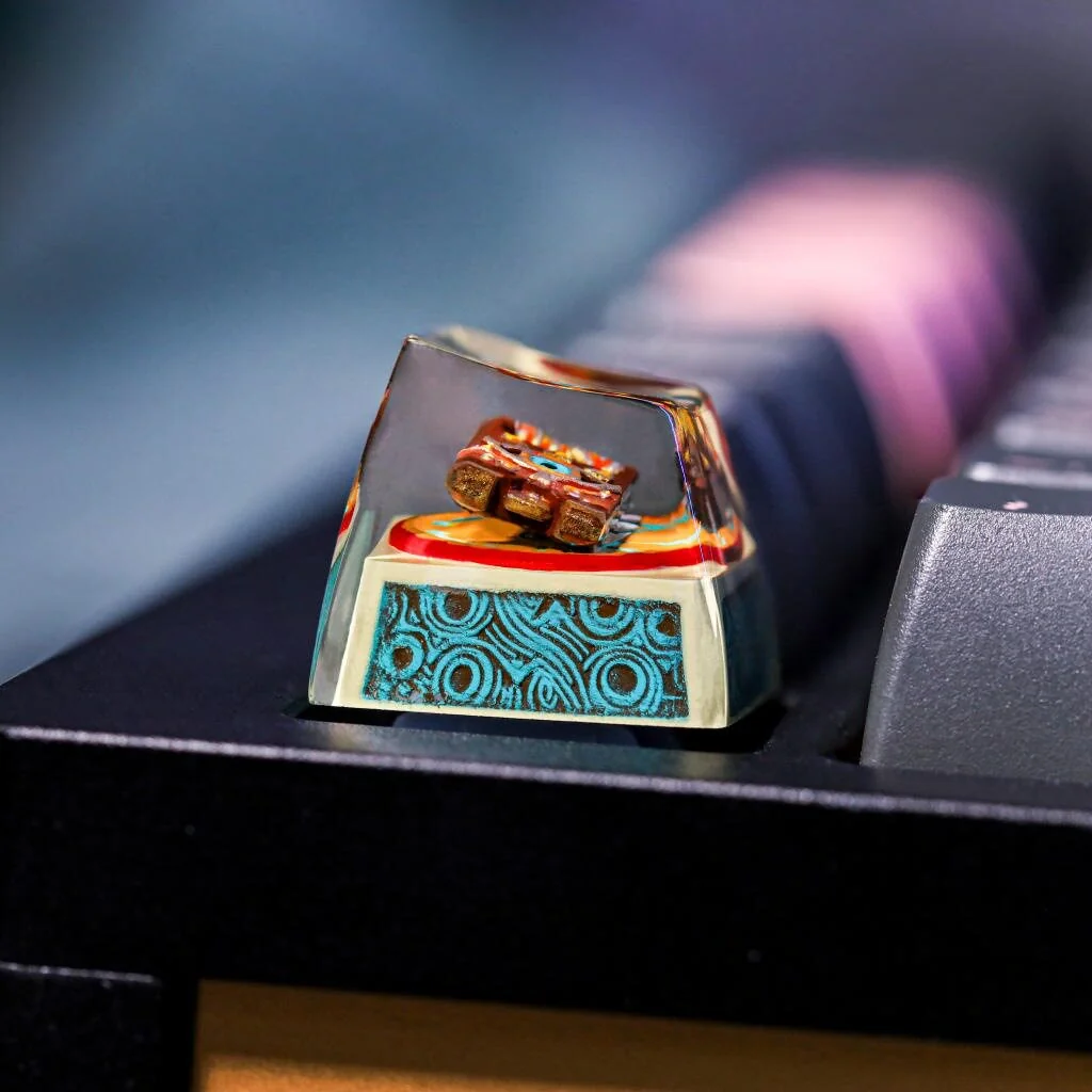Detailed view of the handcrafted The Legend of Zelda: Sheikah Transparent Keycap, showcasing its translucent glow, intricate 3D sculpted ancient Hyrule art, and mystical design.