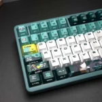 Close-up of Zenless Zone Zero Hoshimi Miyabi backlit PBT keycaps, detailing vibrant character art, futuristic aesthetic, and glowing legends from a unique design.