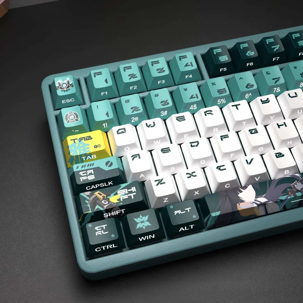 Close-up of Zenless Zone Zero Hoshimi Miyabi backlit PBT keycaps, detailing vibrant character art, futuristic aesthetic, and glowing legends from a unique design.