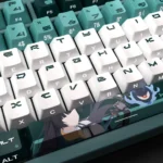 Close-up of Zenless Zone Zero Hoshimi Miyabi backlit PBT keycaps, detailing vibrant character art, futuristic aesthetic, and glowing legends from a unique design.