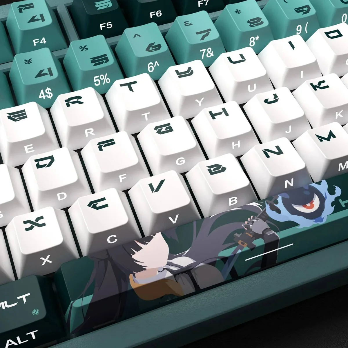 Close-up of Zenless Zone Zero Hoshimi Miyabi backlit PBT keycaps, detailing vibrant character art, futuristic aesthetic, and glowing legends from a unique design.