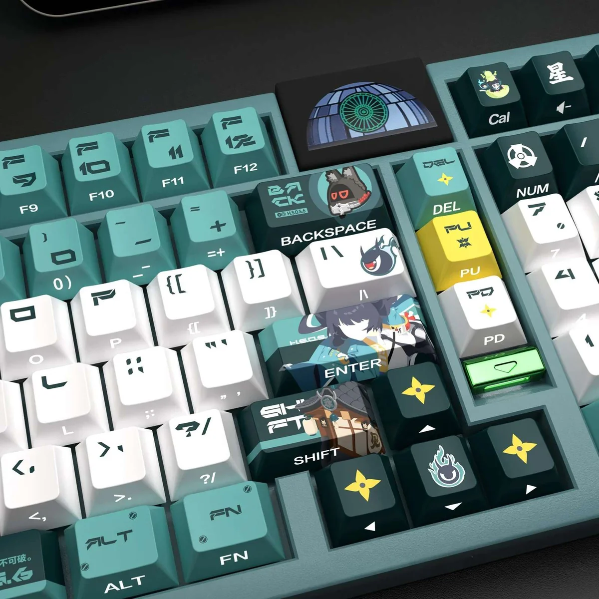 This Zenless Zone Zero Hoshimi Miyabi backlit PBT keycaps gallery showcases different angles of the vibrant character art and futuristic legends.