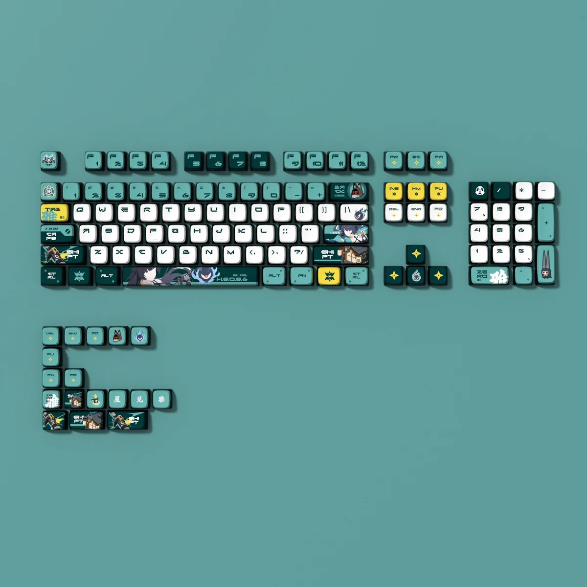 Artistic close-up of Zenless Zone Zero Hoshimi Miyabi backlit PBT keycaps, revealing vibrant legends and detailed futuristic character art.