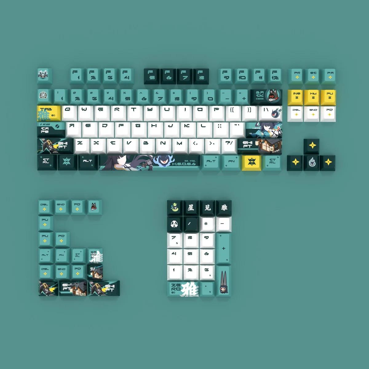 Artistic shots of Zenless Zone Zero Hoshimi Miyabi backlit PBT keycaps, revealing intricate character designs and glowing legends from various perspective.